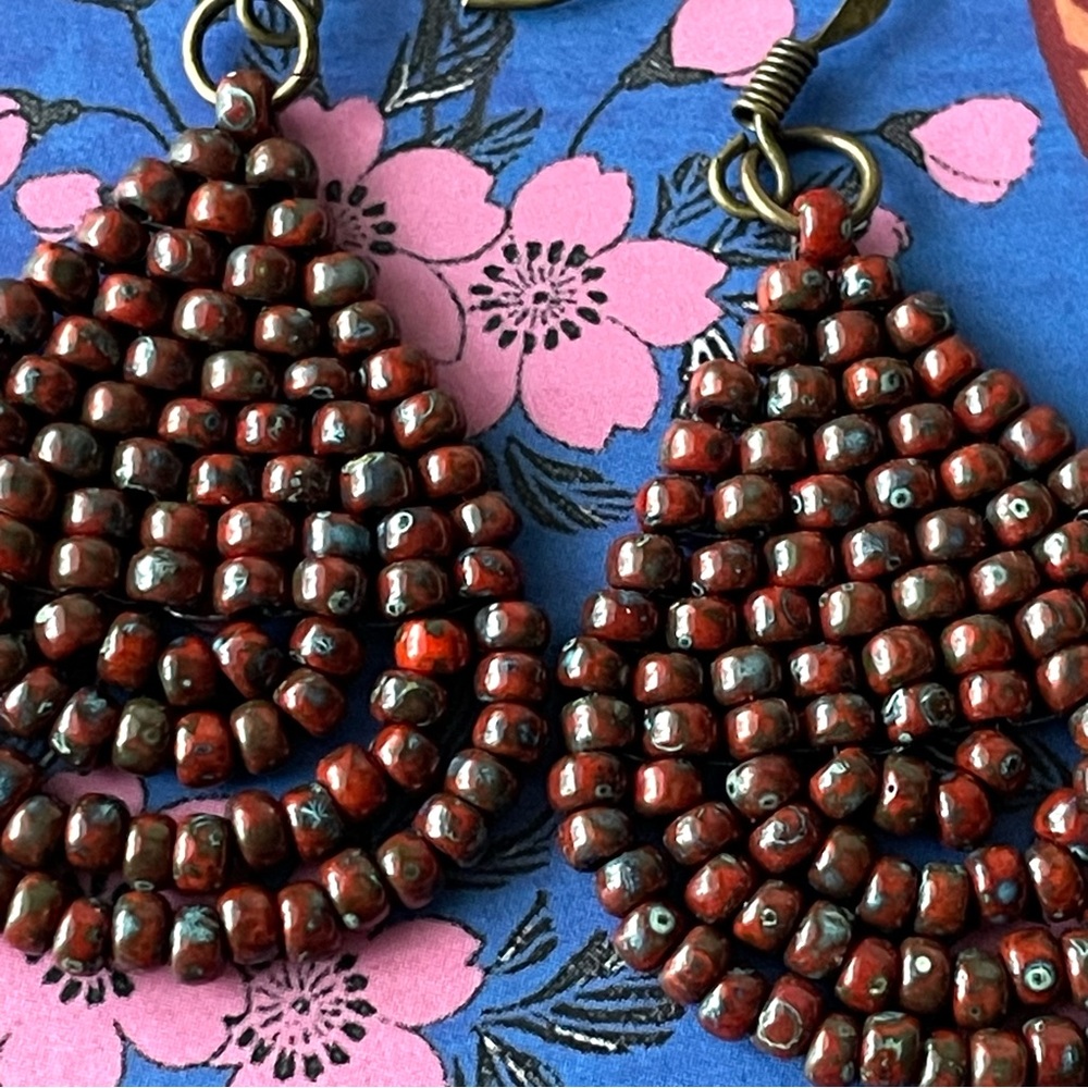 Vintage seed bead dangle earrings brass hooks artisan